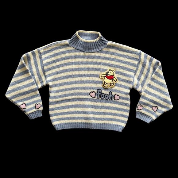 Vintage Disney Winnie the Pooh Sweater Youth Medium 5/6 Striped Knit Hearts 90s - Picture 1 of 14